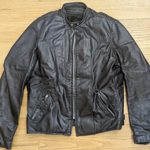 Vintage Brooks Black Leather Cafe Motorcycle Jacket Size 42 With Winter Liner - Picture 1 of 16
